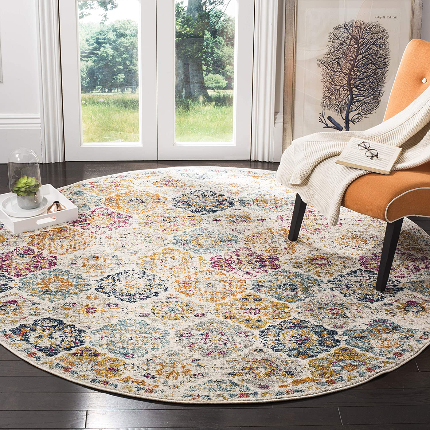 Safavieh Madison Collection MAD611B Boho Chic Floral Medallion Trellis Distressed Non-Shedding Living Room Bedroom Area Rug, 5'3" x 5'3" Square, Cream / Multi