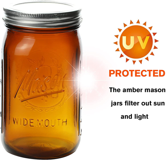 Bedoo Amber Glass Mason Jars 32 oz Wide Mouth with Airtight Lids and Bands 6 Pack, Amber Clear Glass Canning Mason Jars, Quart Mason Jars (Set of 6) (Wide Mouth)