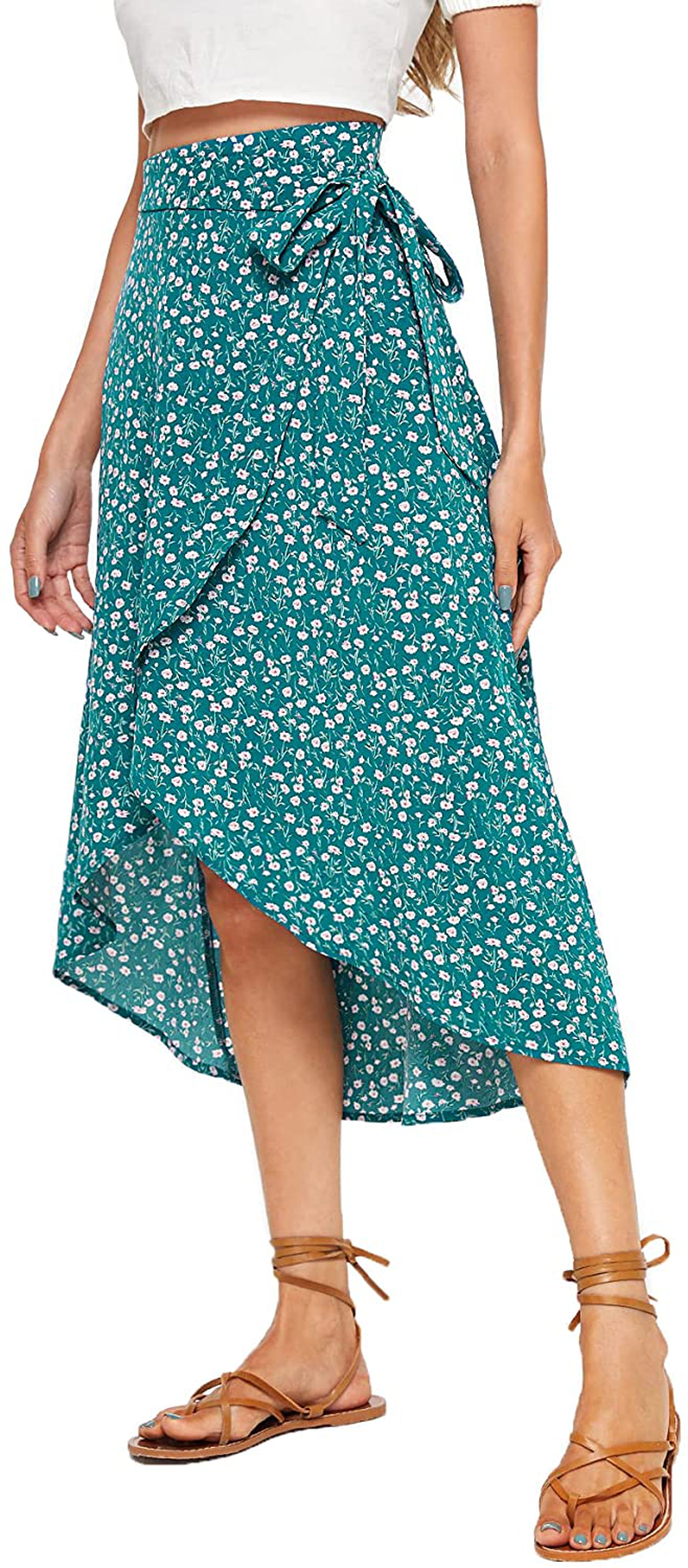 SheIn Women's Boho Ditsy Floral Knot High Waisted Wrap Split Midi Skirt