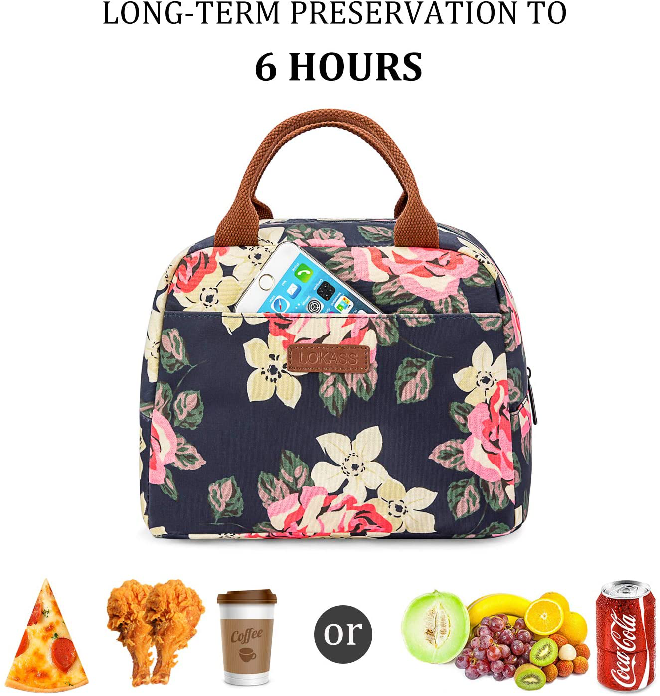 LOKASS Lunch Bag for women Insulated Lunch Tote Fashionable Cooler Bag Thermal Lunch Box with Detachable Shoulder Strap for Work/Picnic/Beach(Peony)