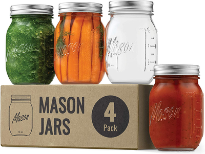 Regular-Mouth Glass Mason Jars, 16-Ounce (4-Pack) Glass Canning Jars with Silver Metal Airtight Lids and Bands with Measurement Marks, for Canning, Preserving, Meal Prep, Overnight Oats, Jam, Jelly,