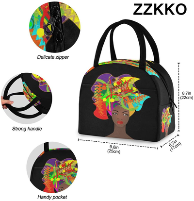 ZZKKO African Women Ethnic Lunch Bag Box Tote Organizer Lunch Container Insulated Zipper Meal Prep Cooler Handbag For Women Men Home School Office Outdoor Use