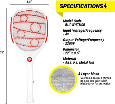 2PK of USB Rechargeable Electric Bug Zapper 3300V, Mosquito Killer Racket, Rechargeable Battery Powered Fly Swatter with LED Light for Flys, Bees, Mosquitoes and More (Red)