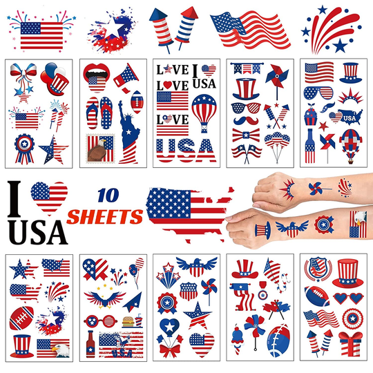 4th of July Patriotic Temporary Tattoos (10 - 20 Sheets)