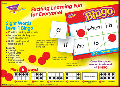Sight Words Bingo - Language Building Skill Game for Home or Classroom Build Vocabulary with 46 Most-Used Words, 3 - 36 players, Age 5 and up