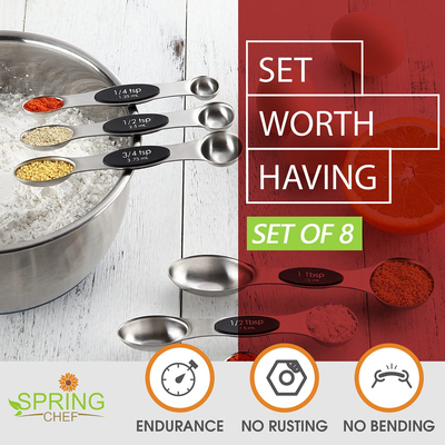 Spring Chef Magnetic Measuring Spoons Set, Dual Sided, Stainless Steel, Fits in Spice Jars, Multi-Color, Set of 8