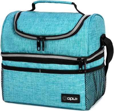 Insulated Dual Compartment Lunch Bag for Men, Women | Double Deck Reusable Lunch Box Cooler with Shoulder Strap, Leakproof Liner | Medium Lunch Pail for School, Work, Office (Aqua Turquoise)