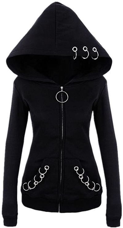 Women Punk Gothic Hoodie Long Sleeve Ring Front Eyelt Zip-up Sweatshirt Jacket Coat