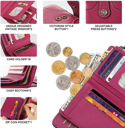 Women Premium Genuine Leather Wallet Credit Card Clutch Wallets,RFID Blocking Zipper Pocket Purse with ID Window