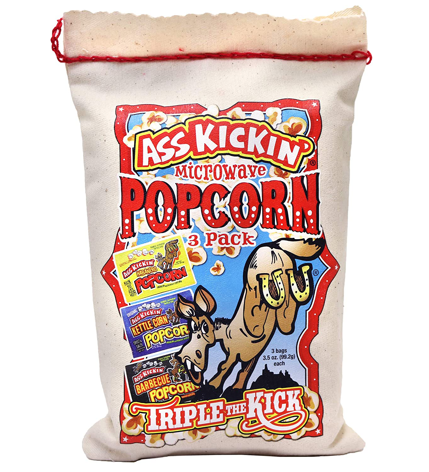 ASS KICKIN’ Premium Microwave Popcorn – Popcorn Variety Pack (3) in Canvas Bag - Ultimate Sweet and Spicy Gourmet Gift - Makes a Great Movie Theater Popcorn or Snack Food for Movie Night