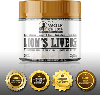 The Wolf Child Co. Lion’s Liver and Bone - Multivitamin Supplement for Dogs - Organic Lion’s Mane Mushroom, Grass-fed Beef Liver & Bone Extract | Energy, Immune, Brain, Bone & Joint | 30 Day Supply