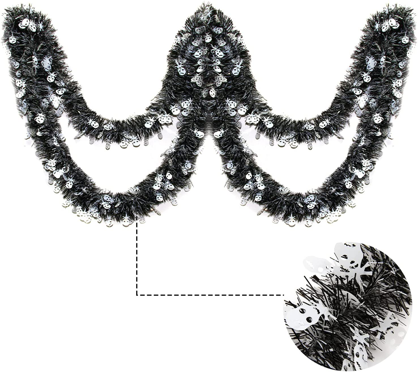 CCINEE 33FT Halloween Tinsel Garland,Spooky Skull Metallic Hanging Garland for Halloween Party Decoration,White & Black