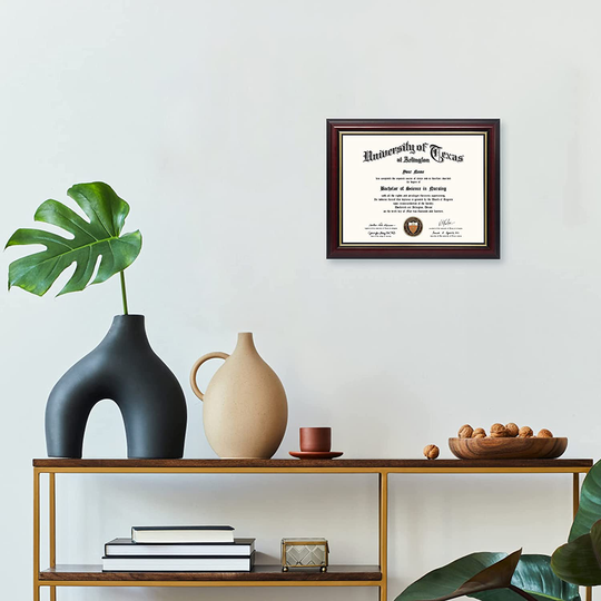 GraduationMall 8.5x11 Certificate Diploma Frame,Solid Wood & UV Protection Acrylic,Cherry Finish with Gold Trim