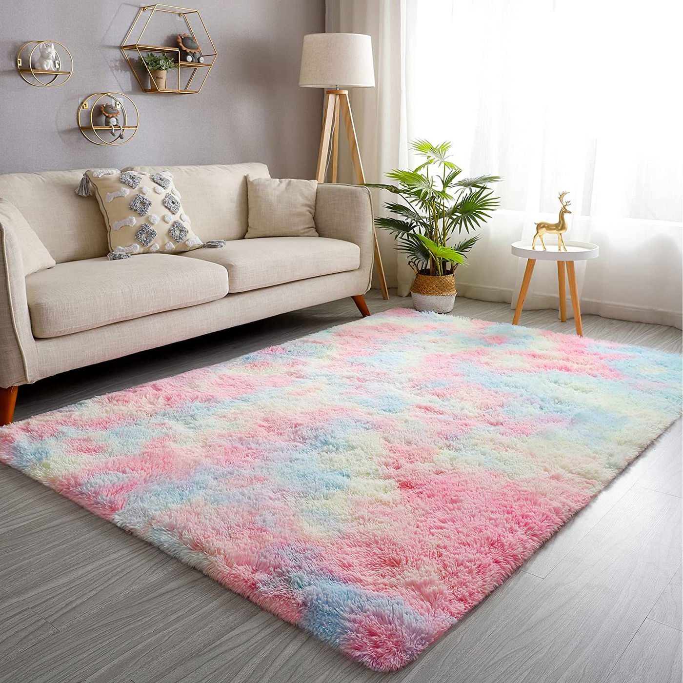 GKLUCKIN Shag Ultra Soft Area Rug, Fluffy 3'X5' Rainbow Plush Indoor Fuzzy Faux Fur Rugs Non-Skid Furry Carpet for Living Room Bedroom Nursery Kids Playroom Decor