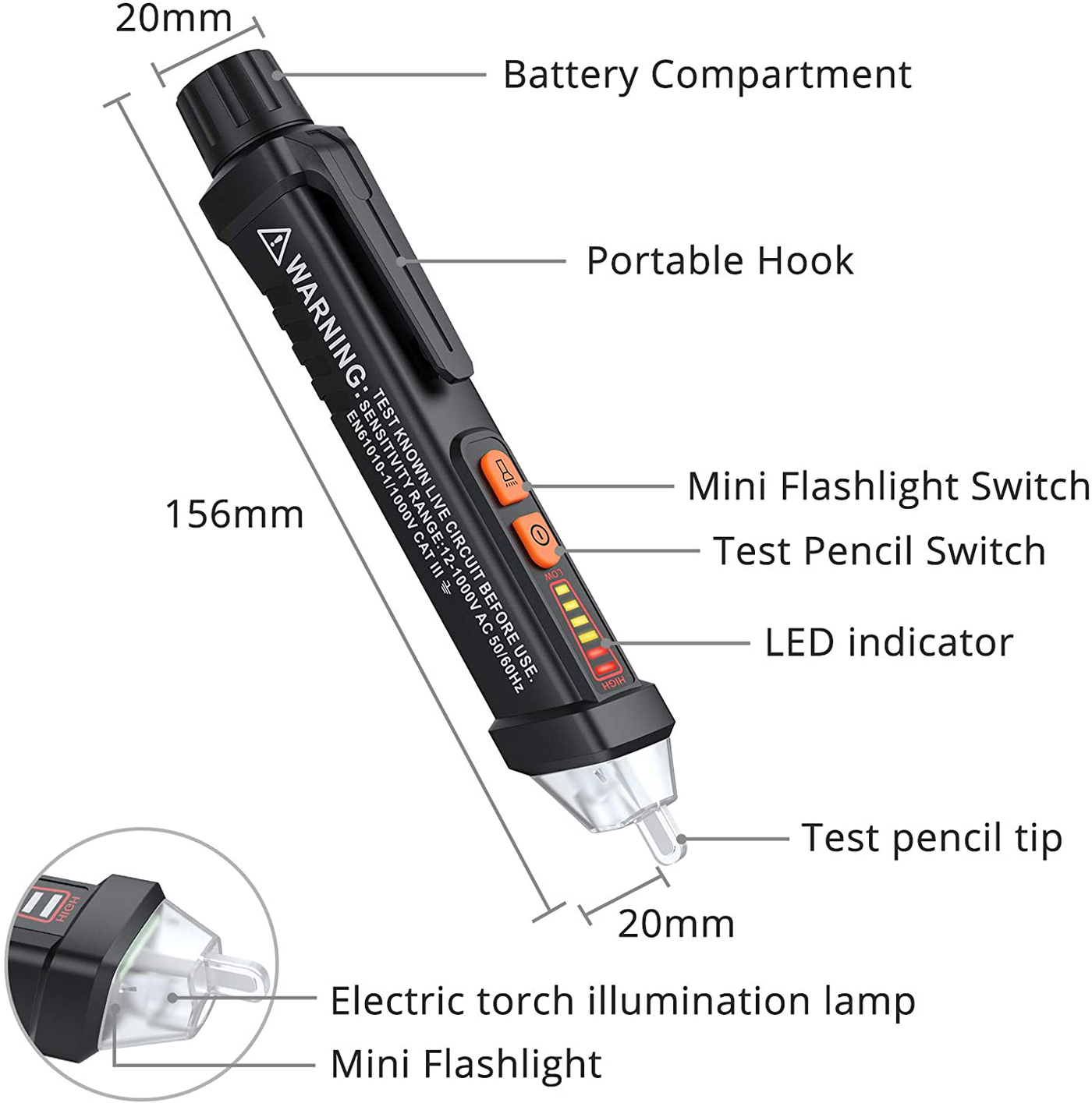 Neoteck 12-1000V AC Non-Contact Voltage Tester Detector with Led Flashlight Buzzer Alarm Live/Null Wire Judgment- Black