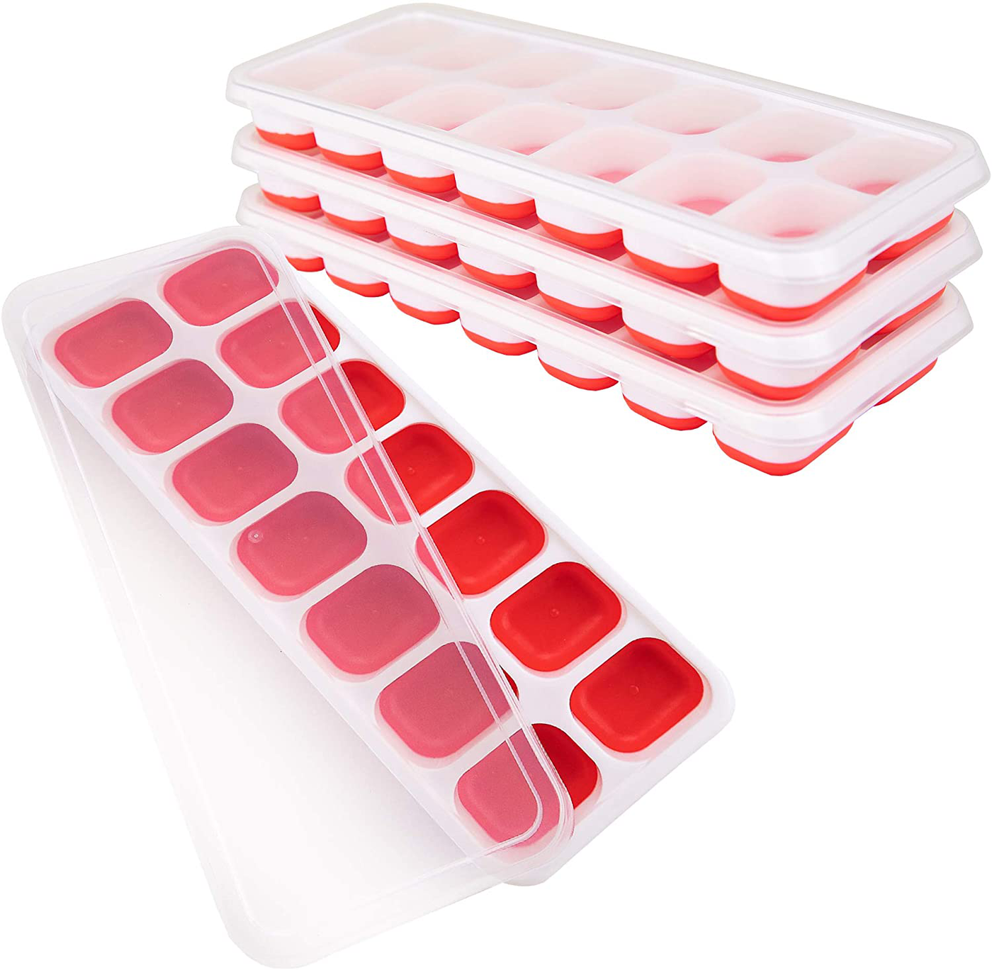 4 Pack Ice Cube Trays, Ice Tray Durable & Flexible, Ice Trays for Freezer, Silicone Ice Cube Tray, 14 Ice Cube Trays for Freezer With Lid, Super Easy Release Stackable BPA Free for Drinks & Cocktail