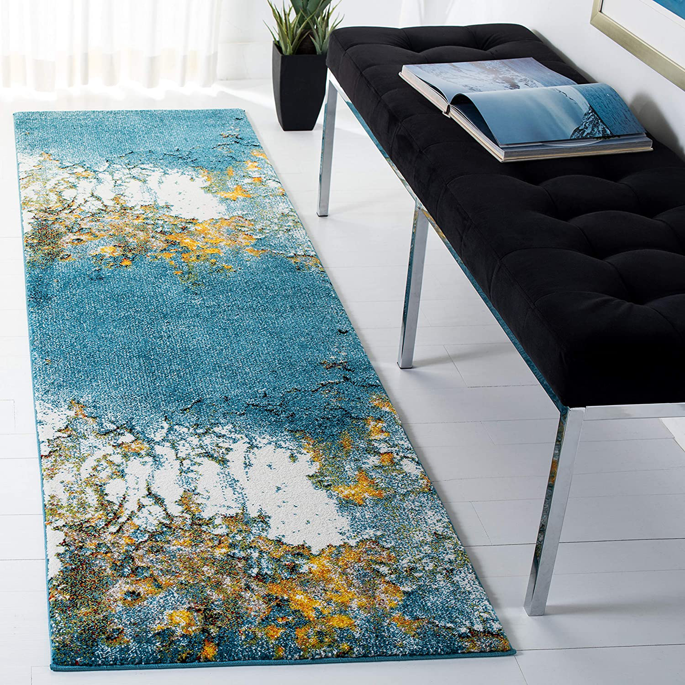 Safavieh Glacier Collection GLA125M Modern Abstract Non-Shedding Stain Resistant Living Room Bedroom Runner, 2'3" x 8' , Blue / Gold