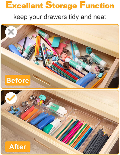 SMARTAKE 13-Piece Drawer Organizers with Non-Slip Silicone Pads, 5-Size Desk Drawer Organizer Trays Storage Tray for Makeup, Jewelries, Utensils in Bedroom Dresser, Office and Kitchen, Clear