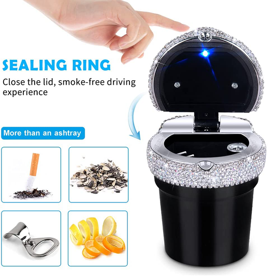 eing Car Ashtray Portable Bling Cigarette Smokeless Cylinder Cup Holder with Blue LED Light Indicator,Car Accessories for Women,Ideal for Car,Home and Office,Black