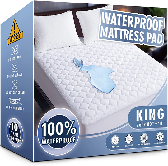 Waterproof Mattress Pad King Size, Soft and Breathable Quilted Mattress Protector, 6''-18'' Deep Pocket Fitted Mattress Cover, White