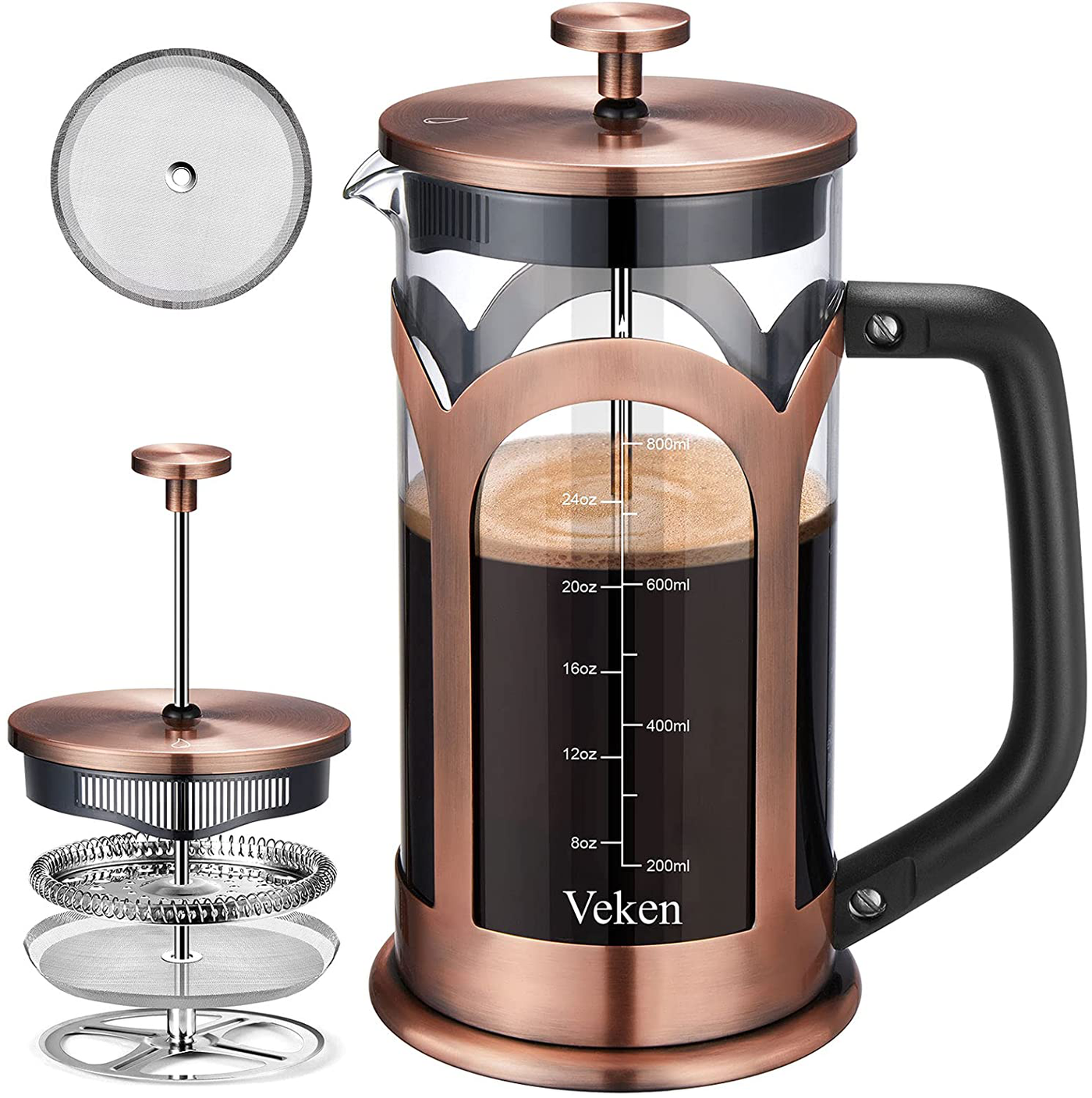 Veken French Press Coffee & Tea Maker, 304 Stainless Steel Heat Resistant Borosilicate Glass Coffee Press with 4 Filter Screens, Durable Easy Clean 100% BPA Free, 34oz, Copper