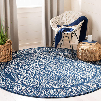 Safavieh Tulum Collection TUL264N Moroccan Boho Distressed Non-Shedding Dining Room Entryway Foyer Living Room Bedroom Area Rug, 5' x 5' Round, Navy / Ivory