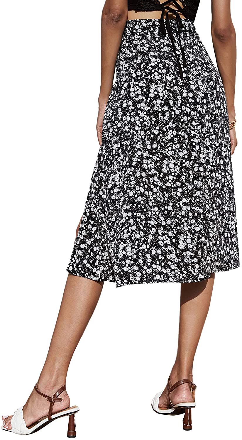 SheIn Women's Boho Ditsy Floral Knot High Waisted Wrap Split Midi Skirt