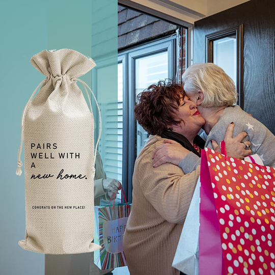 Housewarming Gift Wine Bags, Housewarming Party Decorations, Burlap Drawstring Wine Bag, Funny Personalized Gift Ideas, New Home Owner Gift, Realtor Gift to Clients, Gift for Women Men Wife Husband