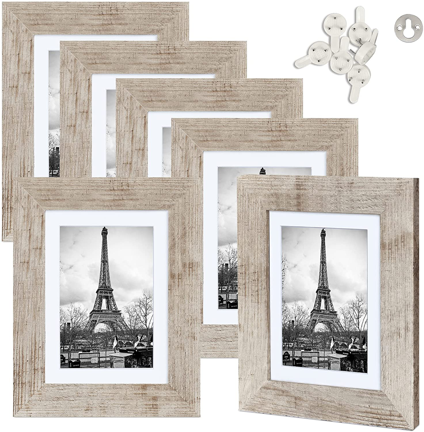 upsimples 5x7 Picture Frame Distressed Burlywood with Real Glass,Display Pictures 4x6 with Mat or 5x7 Without Mat,Multi Photo Frames Collage for Wall or Tabletop Display,Set of 6