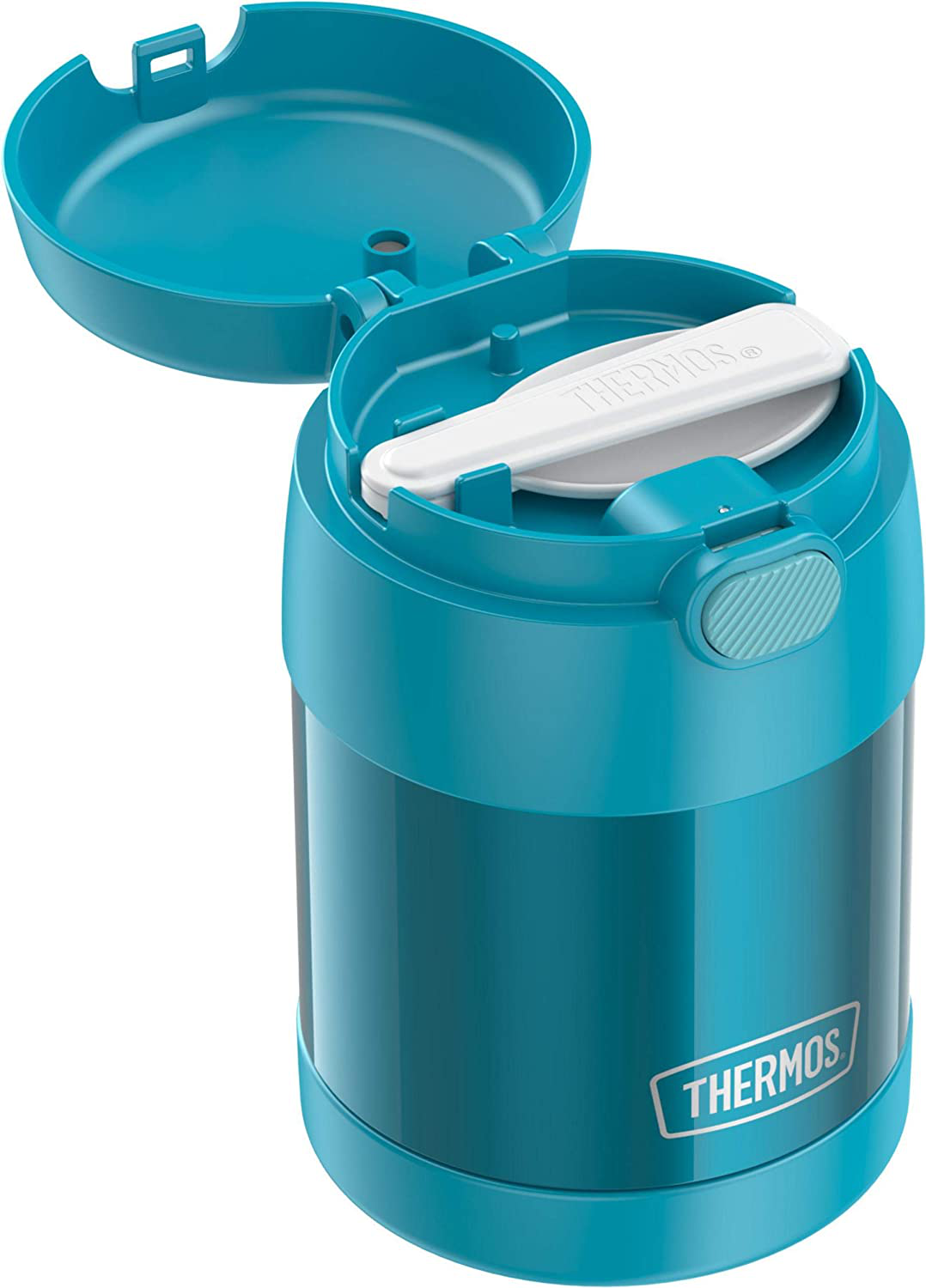 THERMOS FUNTAINER 10 Ounce Stainless Steel Vacuum Insulated Kids Food Jar with Folding Spoon, Grey And Aqua Waves