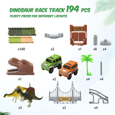 EagleStone Dinosaur Toys 194 Pcs Race Car Track Set for Kids,Flexible Train Tracks to Create A Dino World Road with Bridge,Ramp,2 Electric Cars with LED Light,Best Gift for Toddlers Boys and Girls