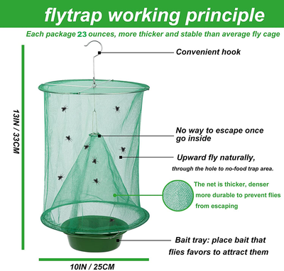 Ranch Fly Trap - 6 Pack Reusable Fruit Fly Trap with Bait Tray, Upgraded Flay Catcher Cage Effective Flay Bag for Indoor Outdoor Hanging Family Farms,Horse Stable,Garden,Orchard,Park,Restaurants