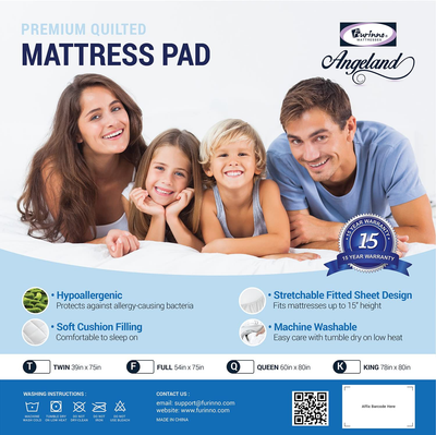 Furinno Angeland Quilted Mattress Pad, Full, White