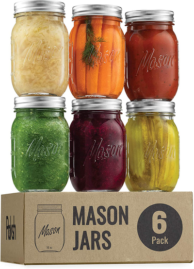 Regular-Mouth Glass Mason Jars, 16-Ounce (4-Pack) Glass Canning Jars with Silver Metal Airtight Lids and Bands with Measurement Marks, for Canning, Preserving, Meal Prep, Overnight Oats, Jam, Jelly,