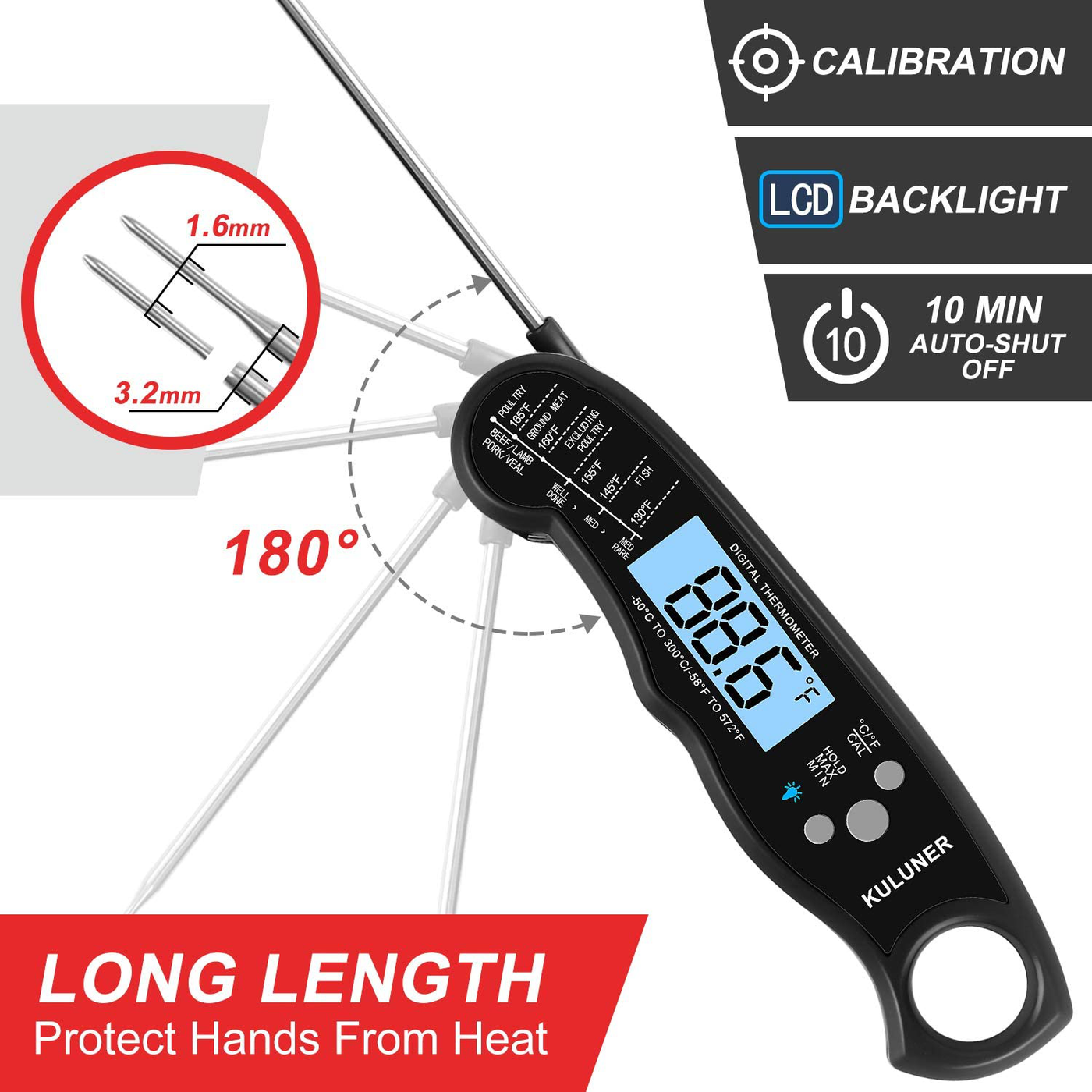 KULUNER TP-01 Waterproof Digital Instant Read Meat Thermometer with 4.6” Folding Probe Backlight & Calibration Function for Cooking Food Candy, BBQ Grill, Liquids,Beef（Red）