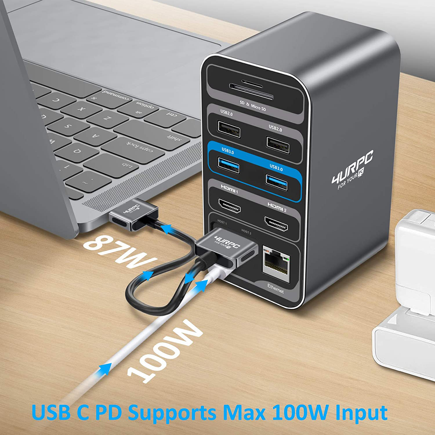 4URPC MacBook Pro Docking Station Dual Monitor HDMI 4K, 14-IN-2 USB C Triple Display Laptop Docking Station for MacBook Pro Air - 2x 4K HDMI, 6xUSB, SD TF Reader, RJ45 Ethernet, 3.5mm Audio/Mic, PD3.0