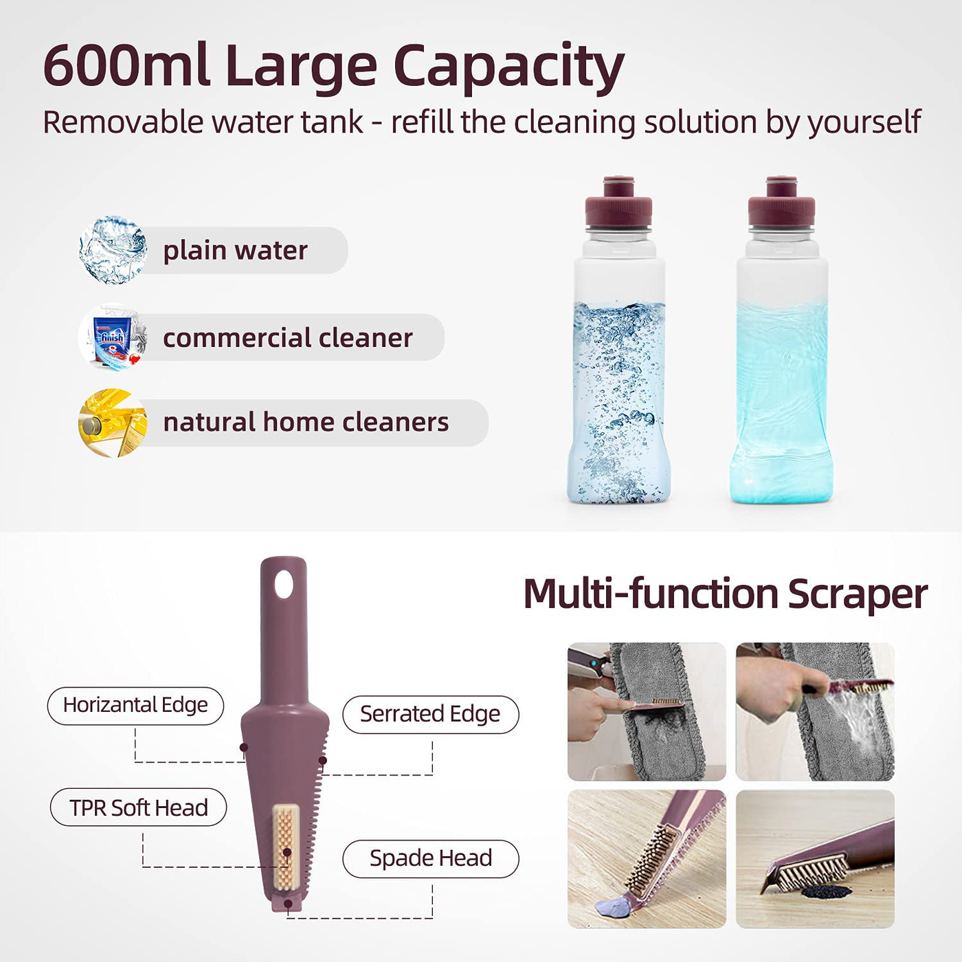 Mops for Floor Cleaning, BICZZYIY Spray Floor Mop Cleaner with 2 x 600ml Refillable Bottles, 3 pcs Washable Pads, 1 Scraper, 360° Spin Microfiber Dry Wet Mop for Hardwood Hard Floors Kitchen Home Car