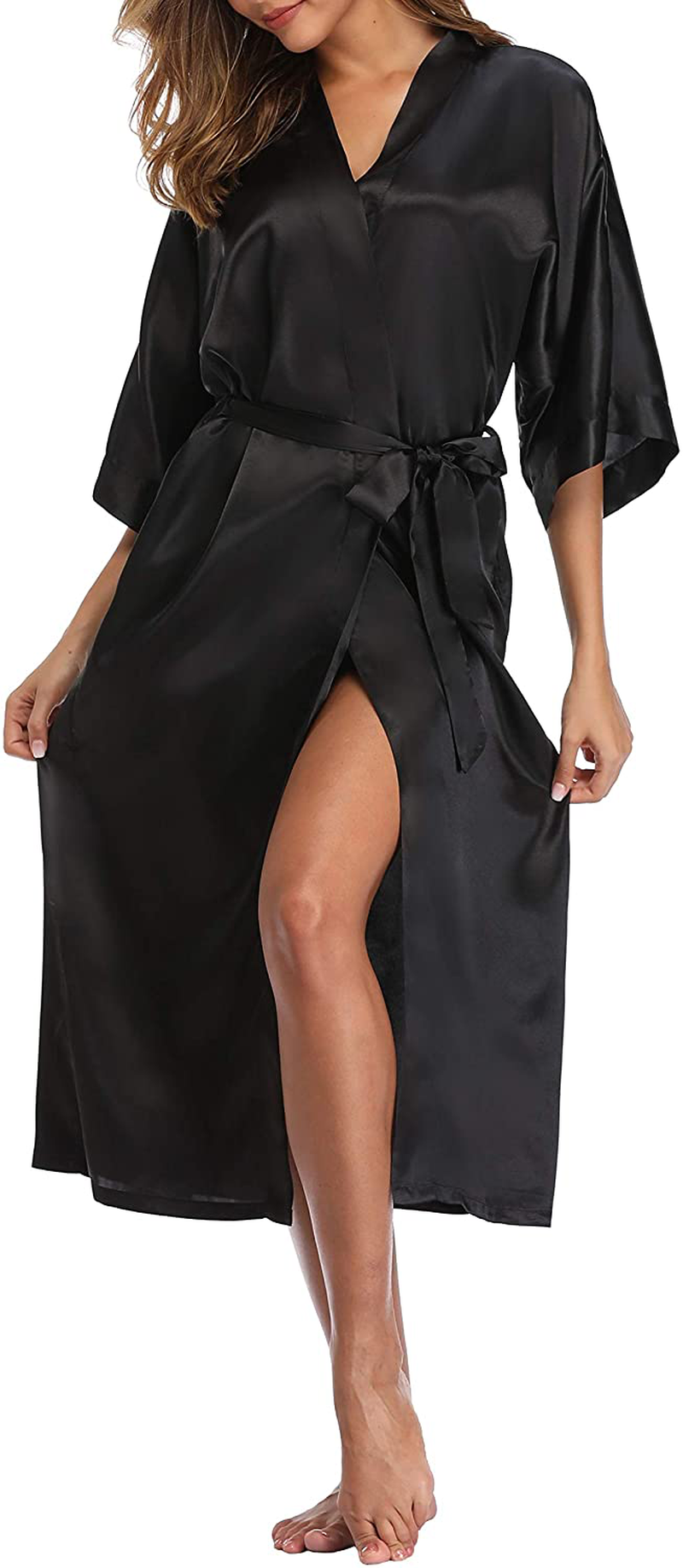 Womens Pure Color Long Satin Bathrobe Kimono Nightgown Long Dress Gown