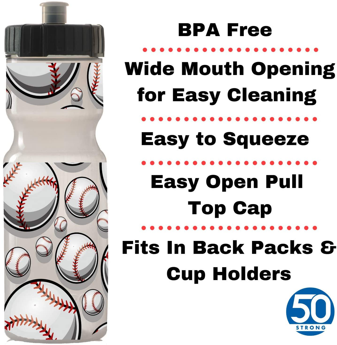 Kids Sports Squeeze Water Bottle - 22 oz. BPA Free Sport Bottle W/ Easy Open Push/Pull Cap - Durable Bottles Perfect for Boys & Girls, School & Sports - Made in USA (Baseball)