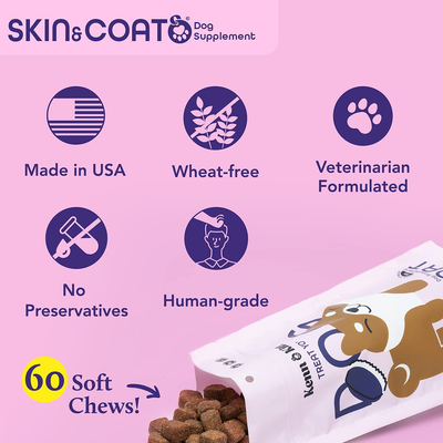 Kenn & Kitt Skin and Coat | Reduces Shedding & Hydrates the Skin With Salmon Oil For Dogs | Omega 3 & 6 Dog Skin and Coat Supplement | Dog Itchy Skin Preventative | Dog Coat Supplement | 60 Soft Chews