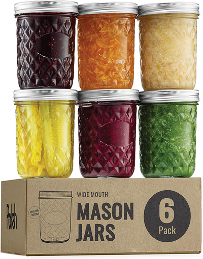 Quilted Wide Mouth Glass Mason Jars - 16-Ounce (12-Pack) Canning Jars with Lids and Bands, Chalkboard Labels, for Canning, Preserving, Pickling, Meal Prep, Jam, Jelly, Overnight Oats, Dishwasher Safe