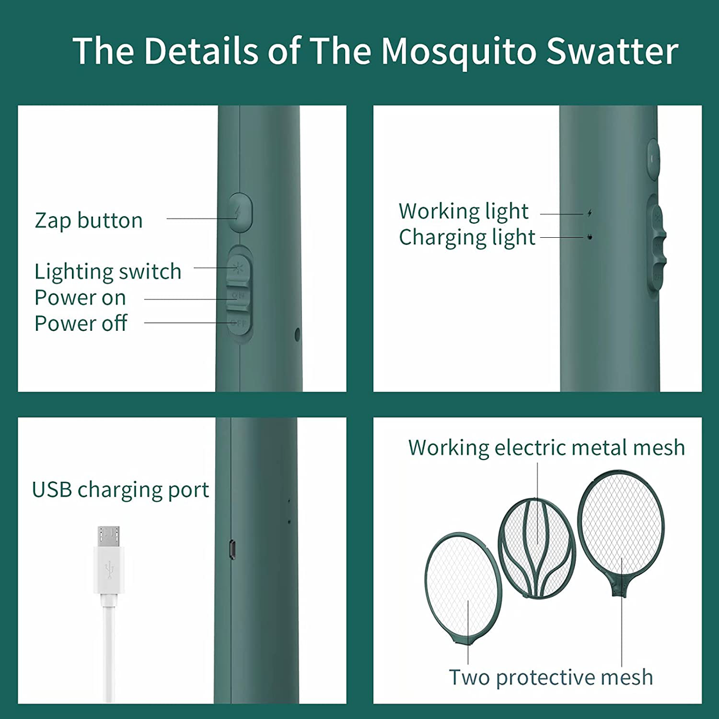 Endbug Rechargeable Fly Swatter Racket Handheld Bug Zapper with LED Light, USB Charging Electric Mosquito, Fly Insect Killer Indoor Outdoor (Green)