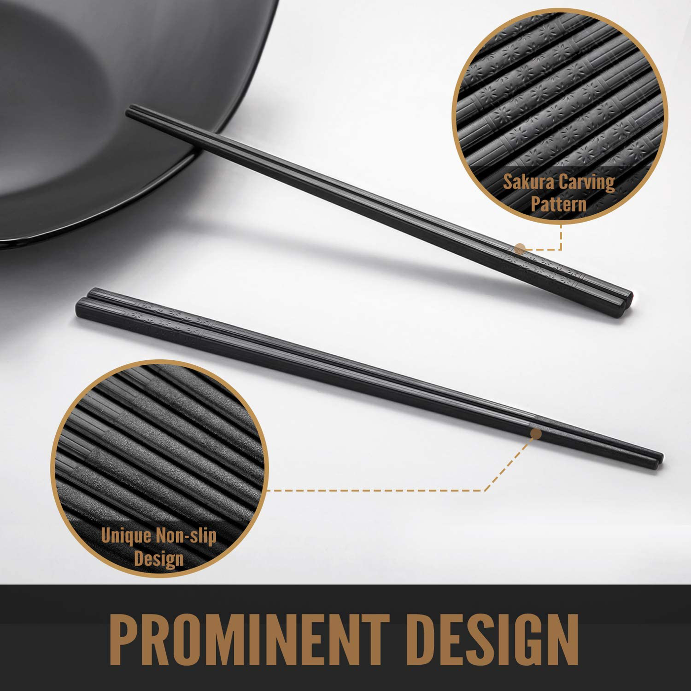 Hiware 10 Pairs Fiberglass Chopsticks - Reusable Chopsticks Dishwasher Safe, 9 1/2 Inches - Black