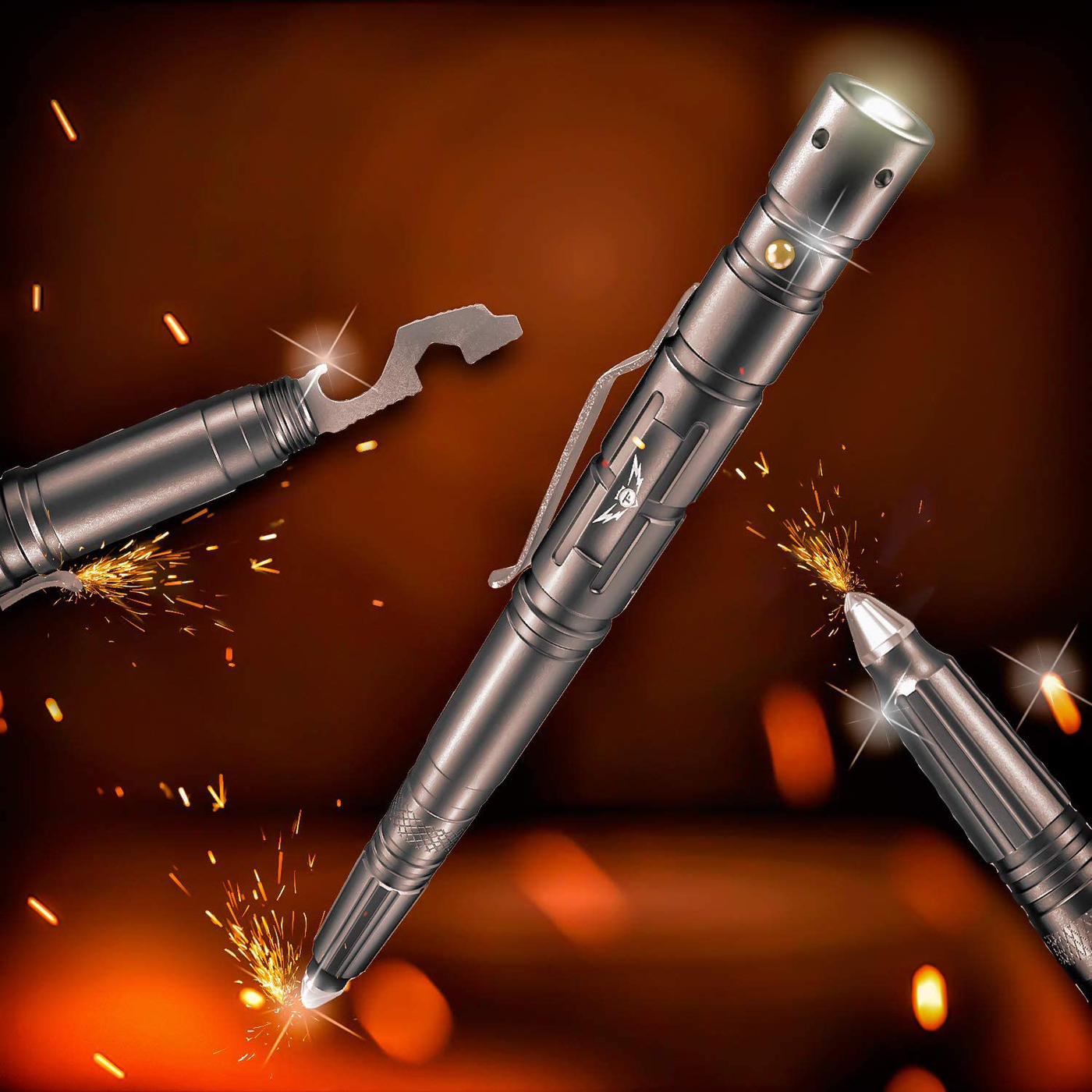 TAKEFLIGHT Tactical Pen Survival Gear – LED Tactical Flashlight Multi Tool – Rugged, Lightweight EDC Pen Survival Tool – Glass Breaker, Bottle Opener, Screwdriver, Gift Boxed (Steel)
