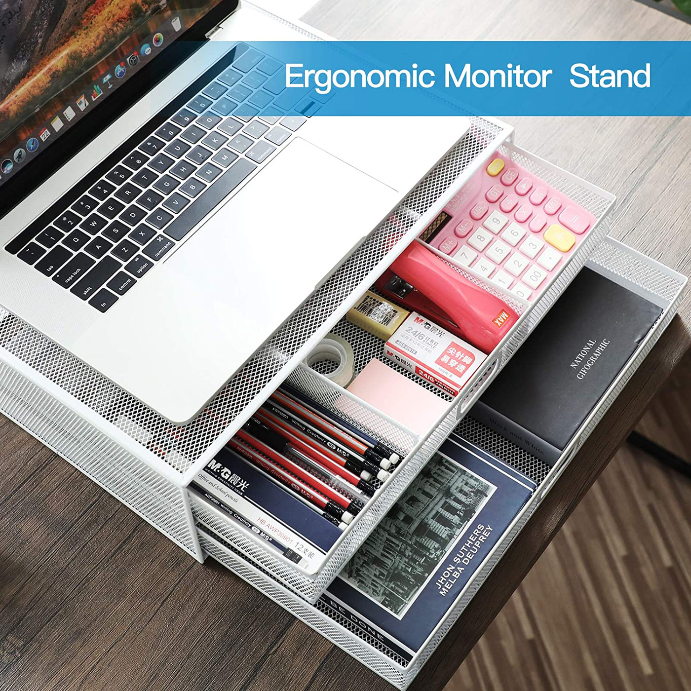 HUANUO Monitor Stand Riser with Drawer - Mesh Metal Desk Organizer PC, Laptop, Notebook, Printer Holder with Pull Out Storage Drawer (White)