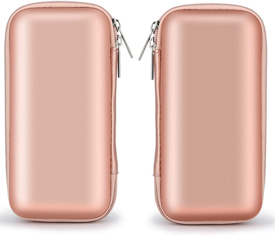 iMangoo Shockproof Carrying Case Hard Protective EVA Case Impact Resistant Travel 12000mAh Bank Pouch Bag USB Cable Organizer Earbuds Sleeve Pocket Accessory Smooth Coating Zipper Wallet Rose Gold