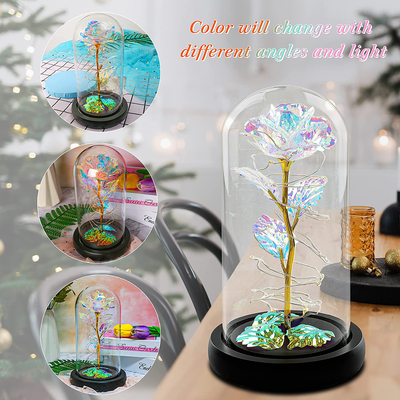 Christmas Rose Gift for her,Women's Gift Birthday Gifts Colorful Artificial Flower Rose Gift Led Light String on Colorful Flower, Last Forever in A Glass Dome, Unique Gift for Her,Thanksgiving Gift