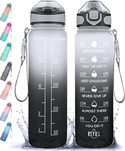 Water Bottle 32oz with Straw, Motivational Water Bottle with Time Marker & Buckle Strap,Leak-Proof Tritan BPA-Free, Ensure You Drink Enough Water for Fitness, Gym, Camping, Outdoor Sports