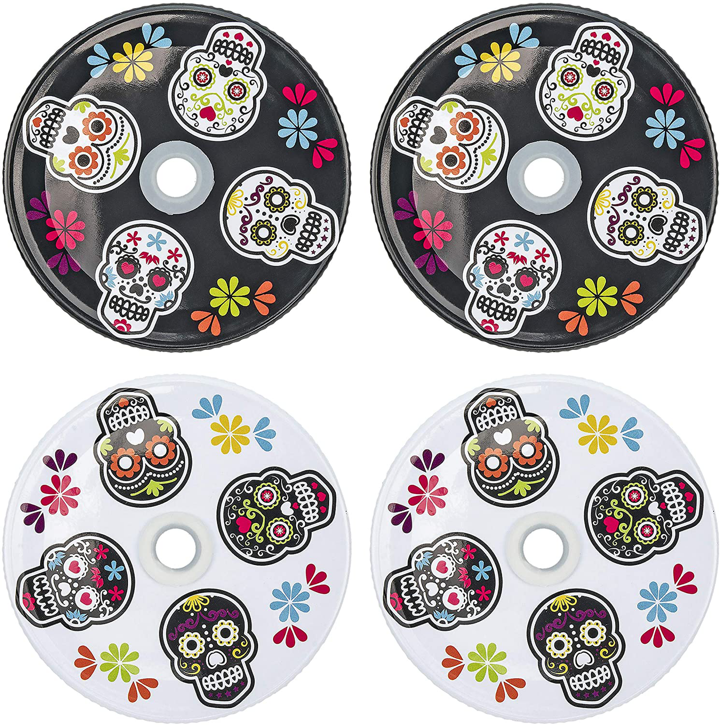 Multicolored Skull Mason Jar Lids w/ Hole for Straws, Set of 4 - Southern Homewares - For Fiestas, Parties, Cinco De Mayo