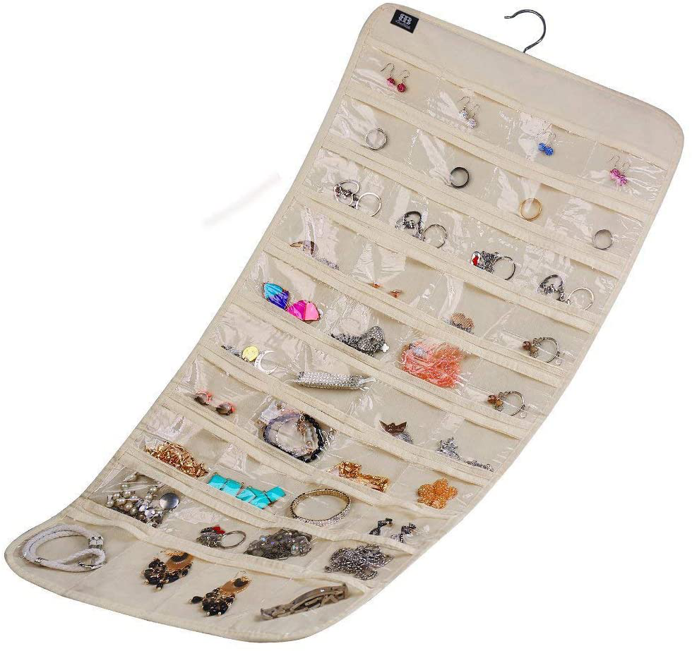 BB Brotrade Hanging Jewelry Organizer with Oxford Dual Side 56 Zippered Storage Pocket (Grey with Zipper)